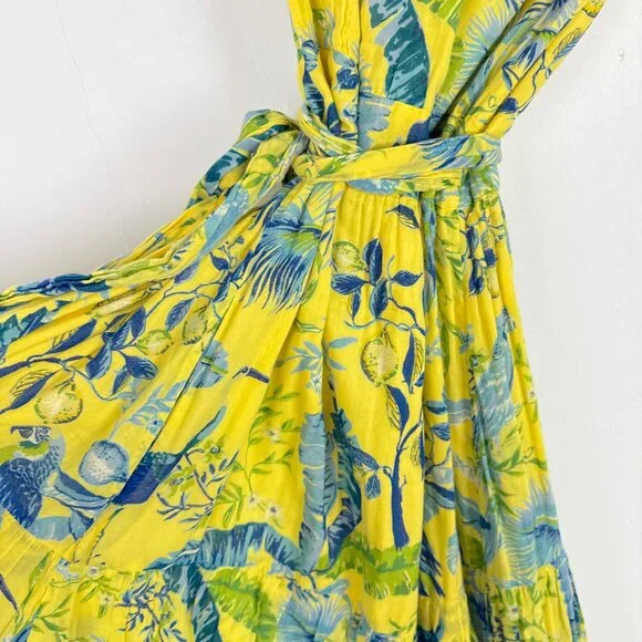Banjanan Mercy Midi Dress Wrap Tropical Floral Bird Yellow Size Small S $370 EUC - Picture 14 of 16